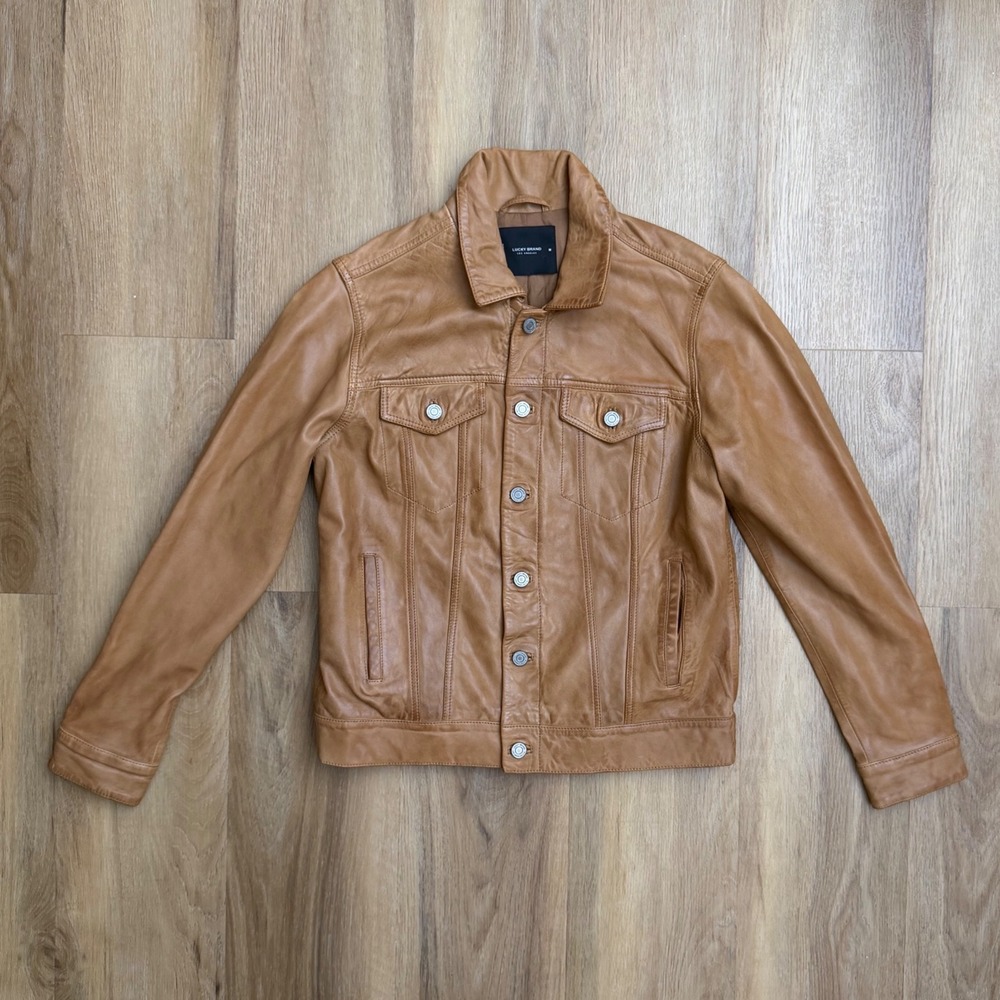 Lucky Brand Tan Brown 100% Lamb Leather Trucker Jacket M $450 retail - Picture 2 of 8